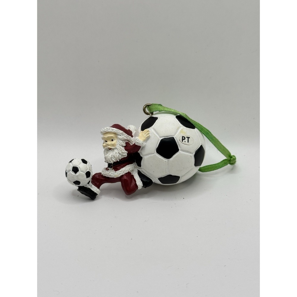 SANTA PLAYING SOCCER SOCCER BALLS Vintage Christmas Ornament RESIN Vintage Coll
